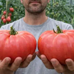 Dwie dorodne, różowe odmiany pomidora red pear w dłoniach mężczyzny w szklarni.
