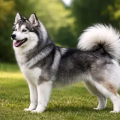 Uroczy pomsky z puszystym ogonem stoi na trawie, z uśmiechem na pysku.