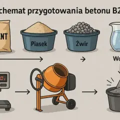 Schemat przygotowania betonu B20: cement, piasek, żwir i woda. Kluczowe są odpowiednie suchy beton proporcje, ważone na wadze, mieszane w betoniarce.