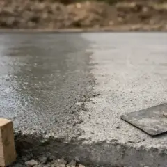 Świeżo wylany, mokry beton z kielnią i drewnianym klockiem. Szybki beton schnie, tworząc solidną podstawę.