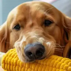 Złoty retriever z zabawką w kształcie kolby kukurydzy. Czy pies może jeść popcorn? Ta zabawka wygląda apetycznie!
