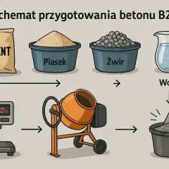 Schemat przygotowania betonu B20: cement, piasek, żwir, woda. Kluczowe są odpowiednie **beton proporcje** dla uzyskania trwałej mieszanki.