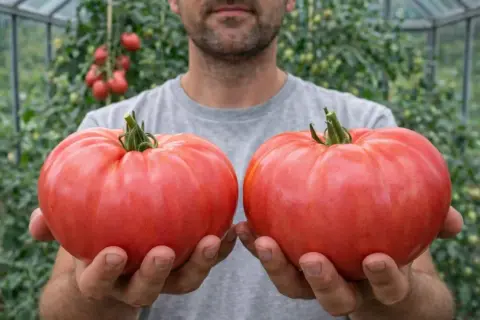Dwie dorodne, różowe odmiany pomidora red pear w dłoniach mężczyzny w szklarni.