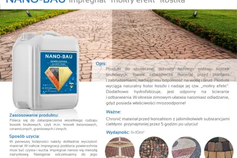 Impregnat NANO-BAU nadaje kostce brukowej efekt mokrej powierzchni, chroniąc ją przed plamami i zabrudzeniami.