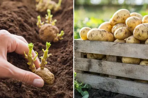 Sadzenie ziemniaków wczesnych odmian. W jednej części zdjęcia dłoń sadzi kiełkujące ziemniaki, w drugiej skrzynka pełna świeżo zebranych ziemniaków.