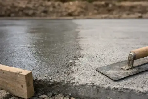 Świeżo wylany, mokry beton z kielnią i drewnianym klockiem. Szybki beton schnie, tworząc solidną podstawę.