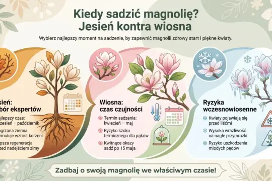 Jesień to najlepszy czas, by sadzić magnolię. Wrzesień-październik sprzyja regeneracji korzeni przed zimą. Wiosną magnolie są bardziej narażone na przymrozki.
