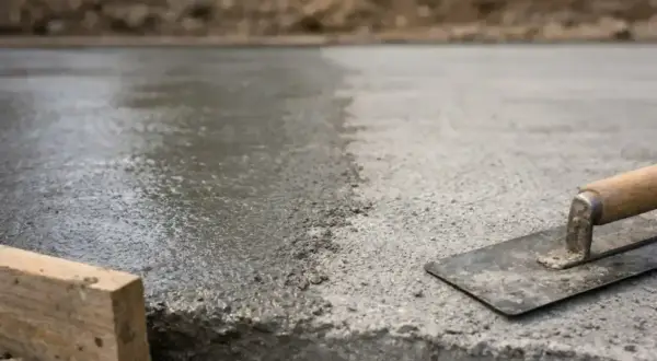Świeżo wylany, mokry beton z kielnią i drewnianym klockiem. Szybki beton schnie, tworząc solidną podstawę.