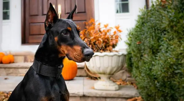 Czarny doberman, jeden z najlepszych psów obronnych, czujnie obserwuje otoczenie przed domem, ozdobionym dyniami i jesiennymi liśćmi.