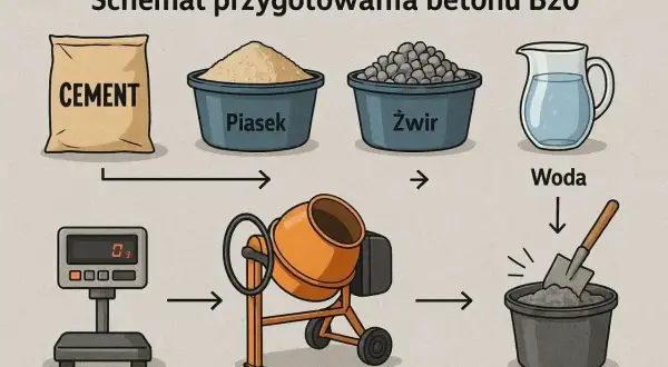 Schemat przygotowania betonu B20: cement, piasek, żwir, woda. Kluczowe są odpowiednie **beton proporcje** dla uzyskania trwałej mieszanki.
