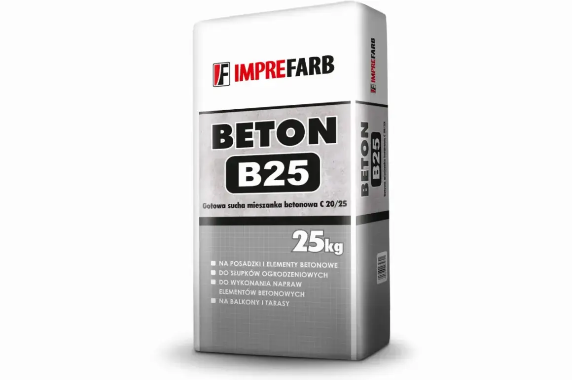 Gotowa sucha mieszanka betonowa B25 Imprefarb 25kg. Idealna, by dowiedzieć się, jak zrobić beton na posadzki, ogrodzenia, balkony i tarasy.
