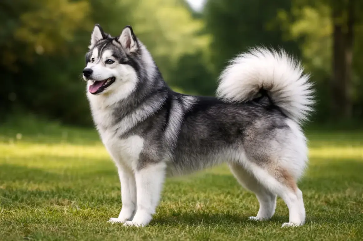 Uroczy pomsky z puszystym ogonem stoi na trawie, z uśmiechem na pysku.