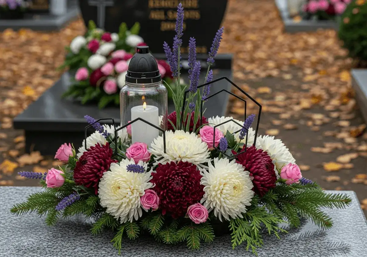 Piękne, żywe kwiaty na cmentarz: białe chryzantemy, bordowe dalie, różowe róże i lawenda. Płonąca świeca w szklanym lampionie.