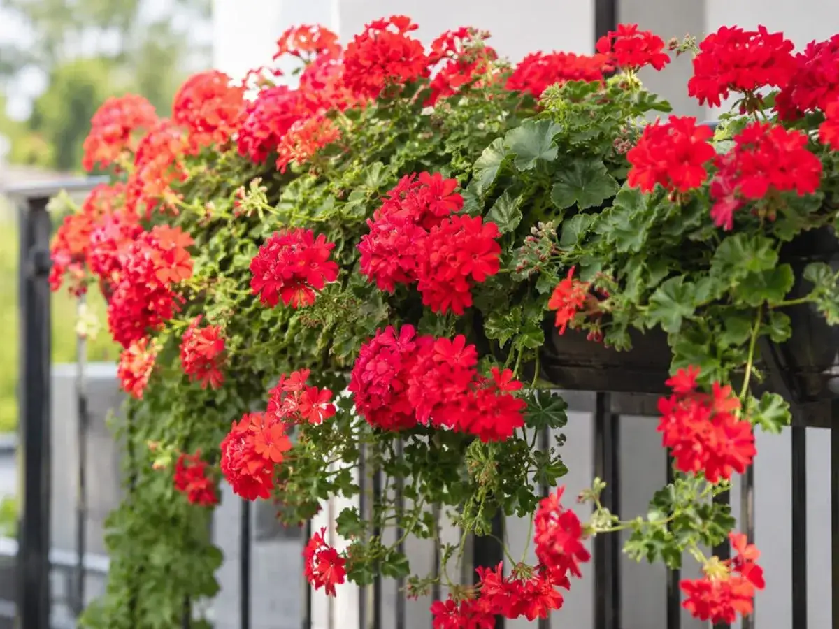 Kaskadowa pelargonia w intensywnym kolorze czerwonym, tworząca bujne kaskady kwiatów na balustradzie.