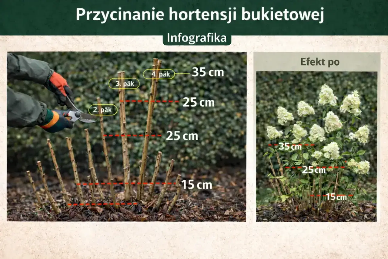 Instrukcja przycinania hortensji bukietowej. Pokazano, jak przyciąć pędy do 15-35 cm nad ziemią, by uzyskać bujne kwitnienie.