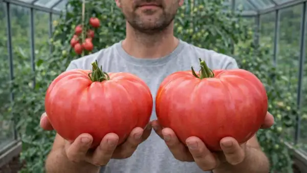 Dwie dorodne, różowe odmiany pomidora red pear w dłoniach mężczyzny w szklarni.
