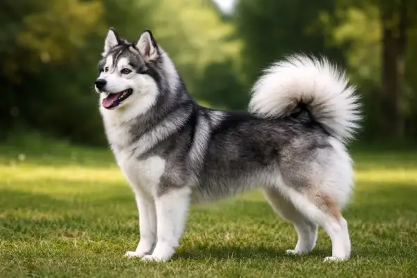 Uroczy pomsky z puszystym ogonem stoi na trawie, z uśmiechem na pysku.