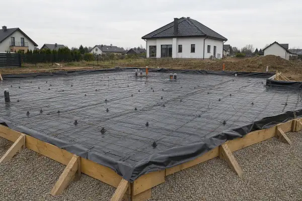 Fundament budowanego domu z zbrojeniem i folią fundamentową, gotowy do zalania betonem.