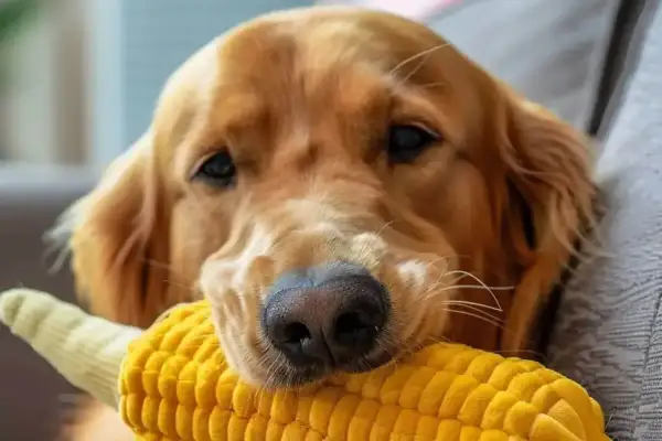 Złoty retriever z zabawką w kształcie kolby kukurydzy. Czy pies może jeść popcorn? Ta zabawka wygląda apetycznie!